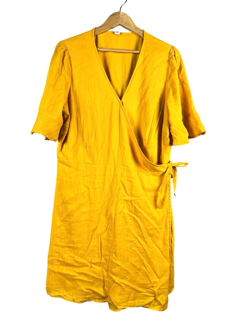 Sunshine Yellow Wrap Tie  Dress V-Neck Short Flutter Sleeve Casual Size XL